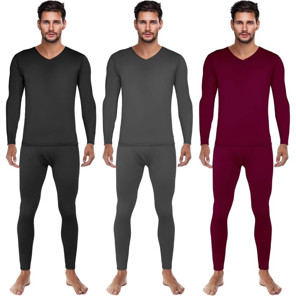 3 Set Thermal Underwear for Men Long Underwear Fleece Lined V Neck Winter Warm B